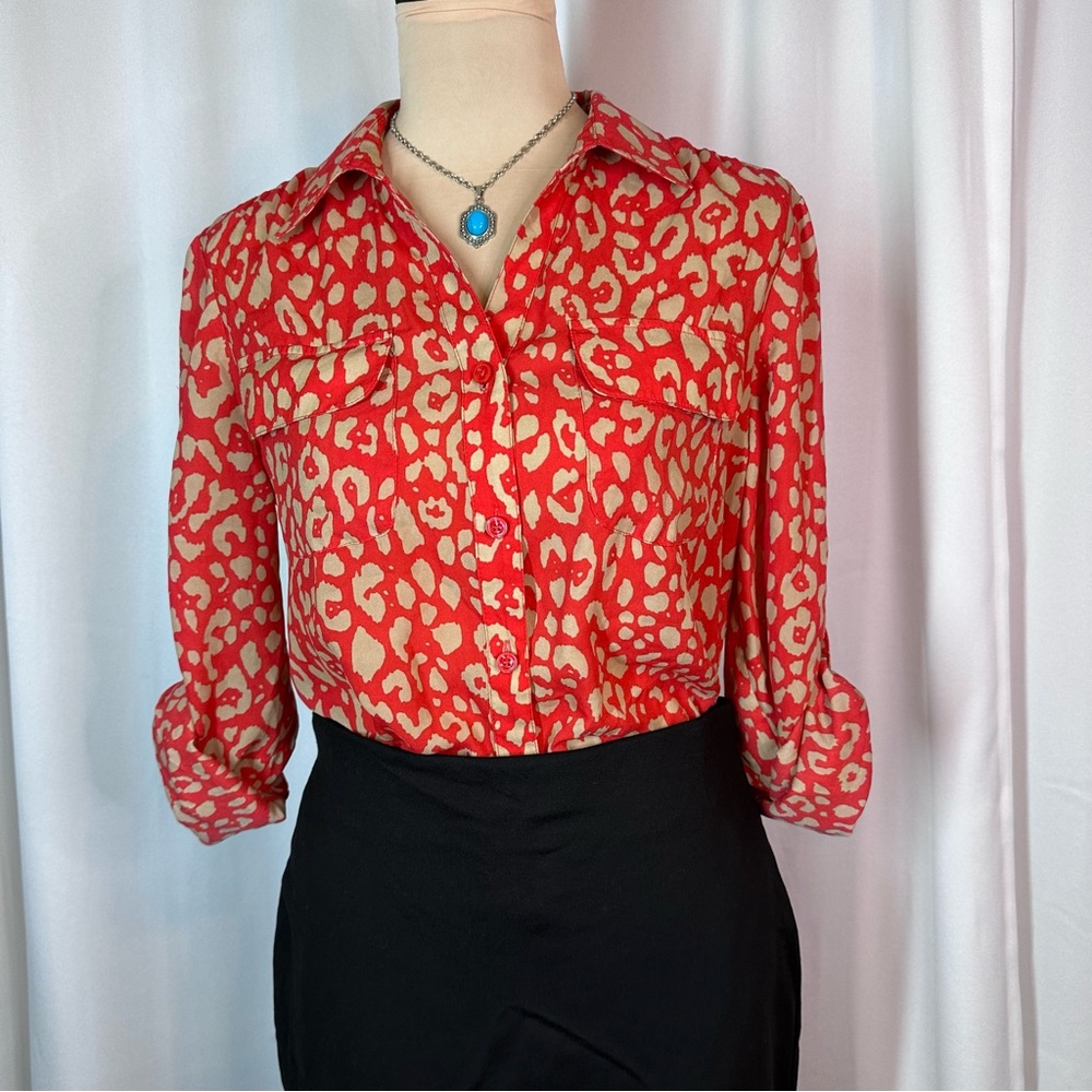 Jones NY Signature Top Sz S Blouse‎ Button Animal Print Mob Wife Chic Money Y2K